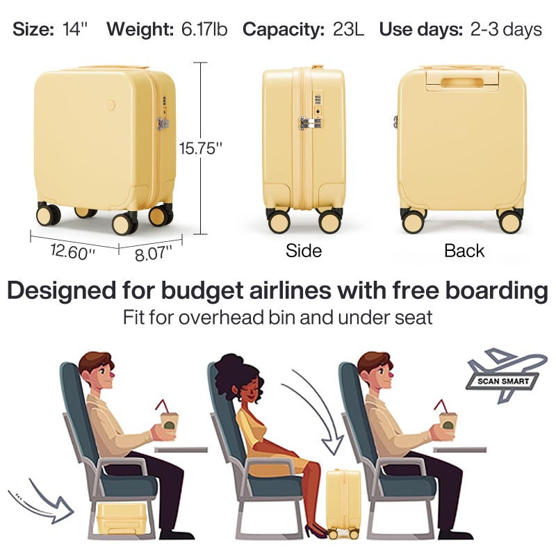 mixi 14 Inch Underseat Luggage Carry on Suitcase Free Boarding Personal Item Suitcases with Spinner Wheels Hardshell Lightweight PC for Short Travel, Lark Yellow - Image 2