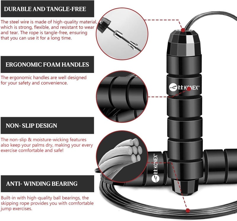 Konex Adjustable Skipping Rope for Men & Women | Jumping Rope for Fitness, Home & Gym Workouts (Black) - Image 2