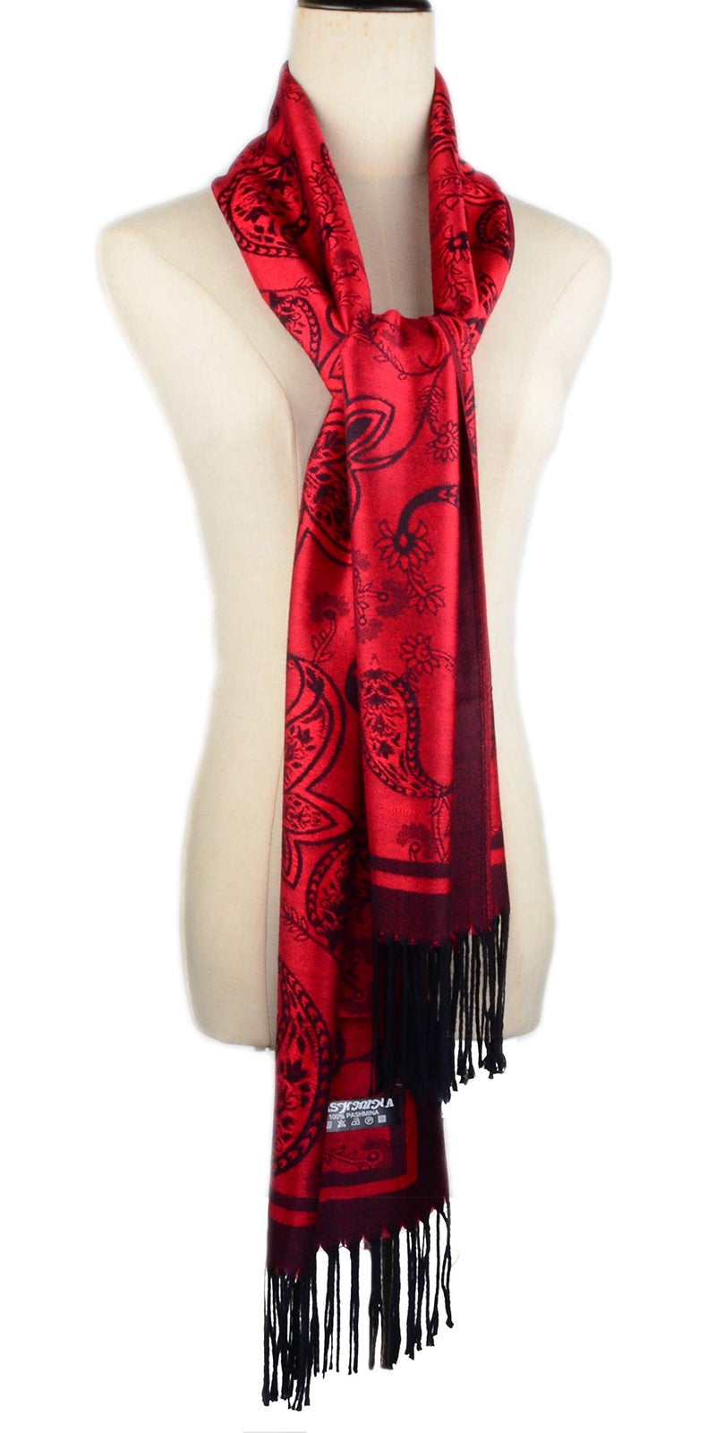 Iristide Women's Pashmina Shawl Paisley Pattern Scarf Tassels Wrap Colorful Ethnic (2005-Red &Black) - Image 5