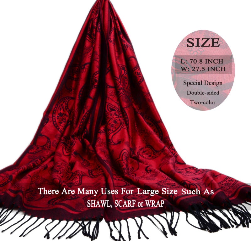 Iristide Women's Pashmina Shawl Paisley Pattern Scarf Tassels Wrap Colorful Ethnic (2005-Red &Black) - Image 2
