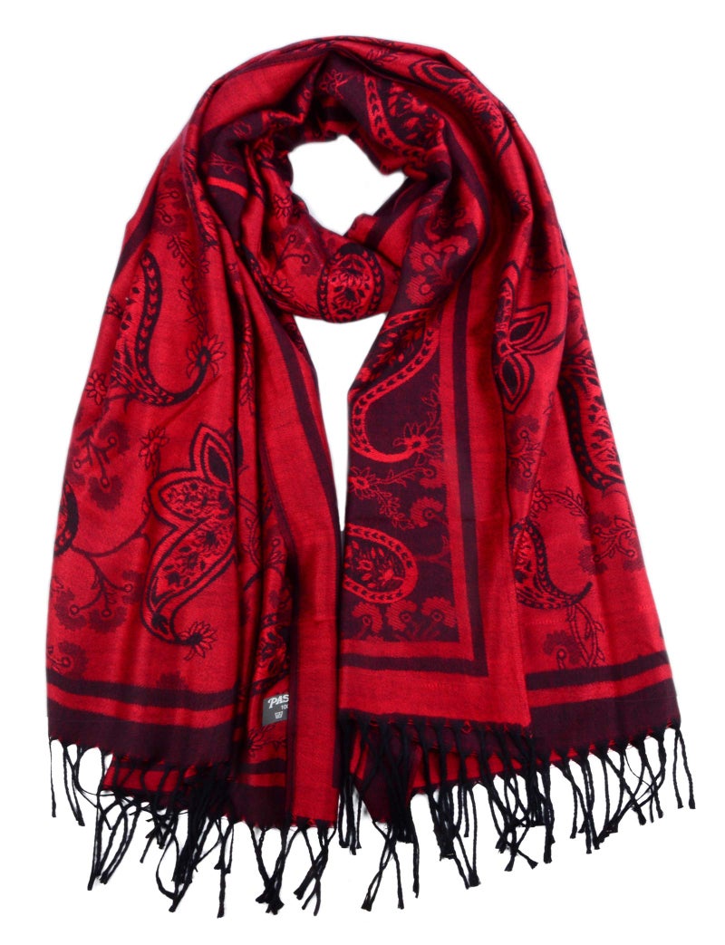Iristide Women's Pashmina Shawl Paisley Pattern Scarf Tassels Wrap Colorful Ethnic (2005-Red &Black) - Image 1