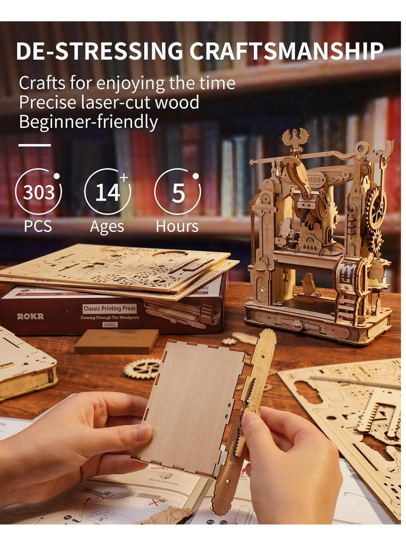Robotime - ROKR Classic Printing Press Mechanical 3D Wooden Puzzle LK602 Decorative DIY Crafts/Birthday Gifts/Home Decor For Girls&Boys Teens&Adults - Image 1