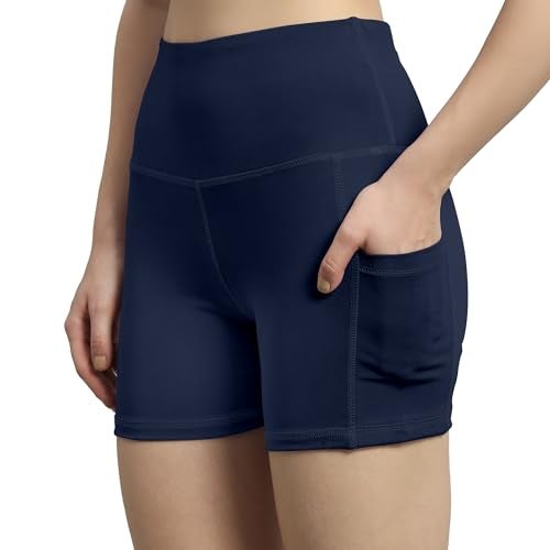 Mehrang High Waist Workout Shorts for Women, Midnight Sky, Bike Shorts with Elastic Waistband and Pockets, (M, Navy Blue) - Image 1