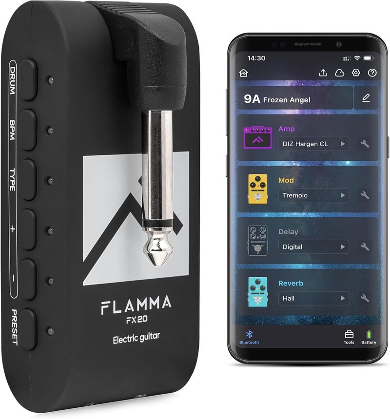 FLAMMA مضخم سماعات الرأس FX20 للجيتار مع تطبيق 40 إيقاع درام 52 وضع مضخم 5 تأخير 5 تأثيرات ريفرب 14 تعديل للتدريب والتسجيل والإبداع - Image 1