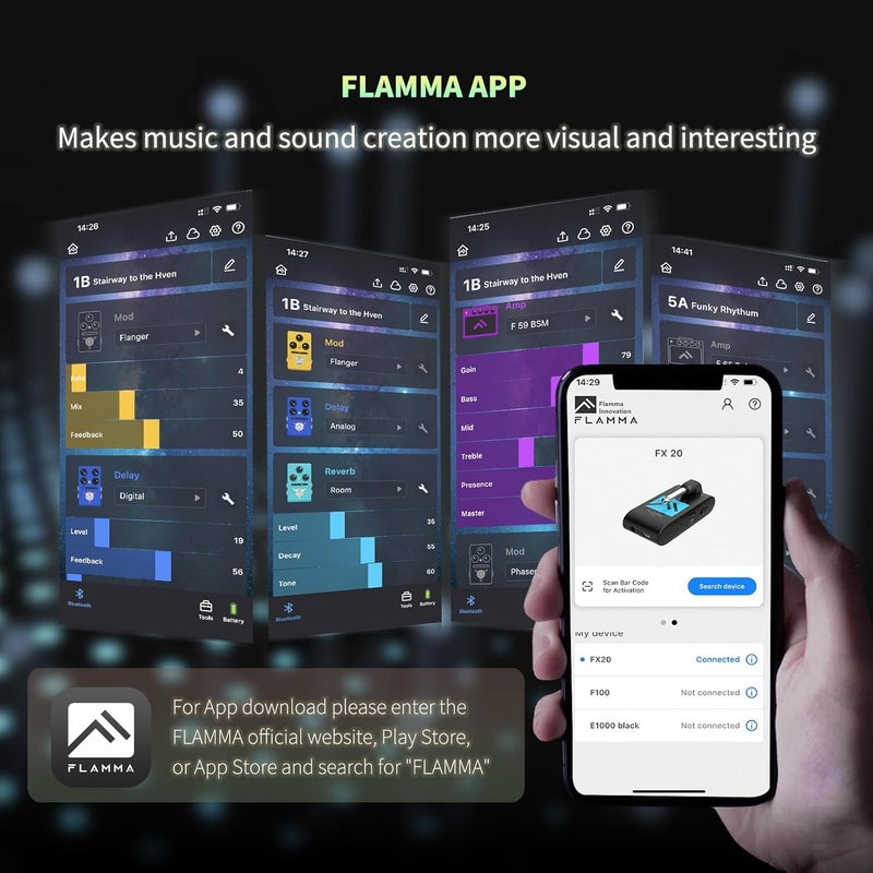 FLAMMA مضخم سماعات الرأس FX20 للجيتار مع تطبيق 40 إيقاع درام 52 وضع مضخم 5 تأخير 5 تأثيرات ريفرب 14 تعديل للتدريب والتسجيل والإبداع - Image 3