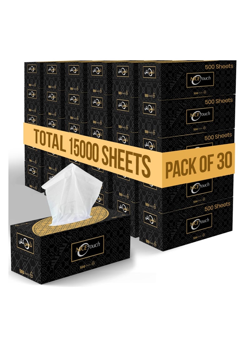 علب مناديل الوجه نice Touch، 1 طبقة × 30 عبوة مناديل سوداء تحتوي على 500 ورقة لكل منها، مناديل ناعمة مناسبة لجميع أنواع البشرة وحماية من الجراثيم