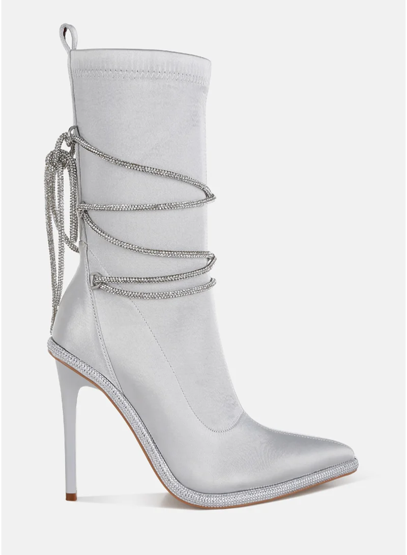 London Rag Rhinestones Strap Satin Calf Boots in Silver