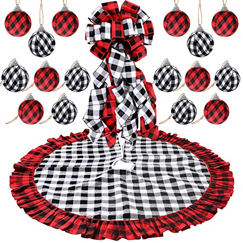 Syhood Christmas Decorations Buffalo Plaid Christmas Tree Topper Wreath Bow Christmas Tree Skirt 16 Pieces Buffalo Plaid Ball Ornaments Hanging for Christmas Tree Decoration Supplies Red Black White - Image 1