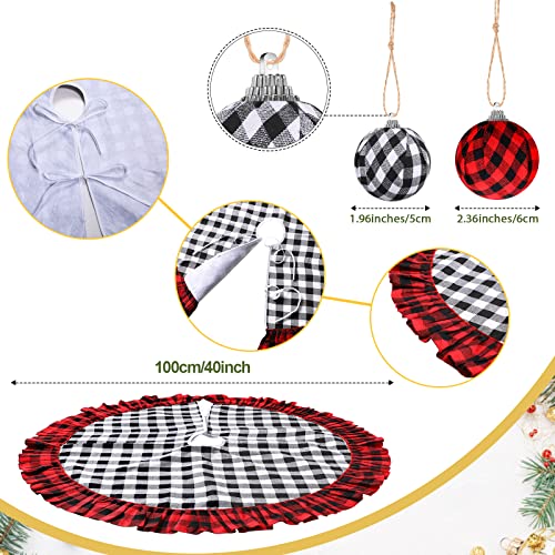 Syhood Christmas Decorations Buffalo Plaid Christmas Tree Topper Wreath Bow Christmas Tree Skirt 16 Pieces Buffalo Plaid Ball Ornaments Hanging for Christmas Tree Decoration Supplies Red Black White - Image 3