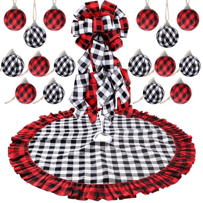 Syhood Christmas Decorations Buffalo Plaid Christmas Tree Topper Wreath Bow Christmas Tree Skirt 16 Pieces Buffalo Plaid Ball Ornaments Hanging for Christmas Tree Decoration Supplies Red Black White - Image 2