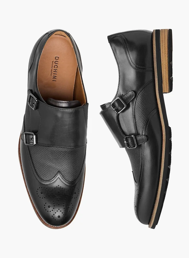 دوتشيني Men's Textured Slip-On Monk Strap Shoes with Buckle Accent