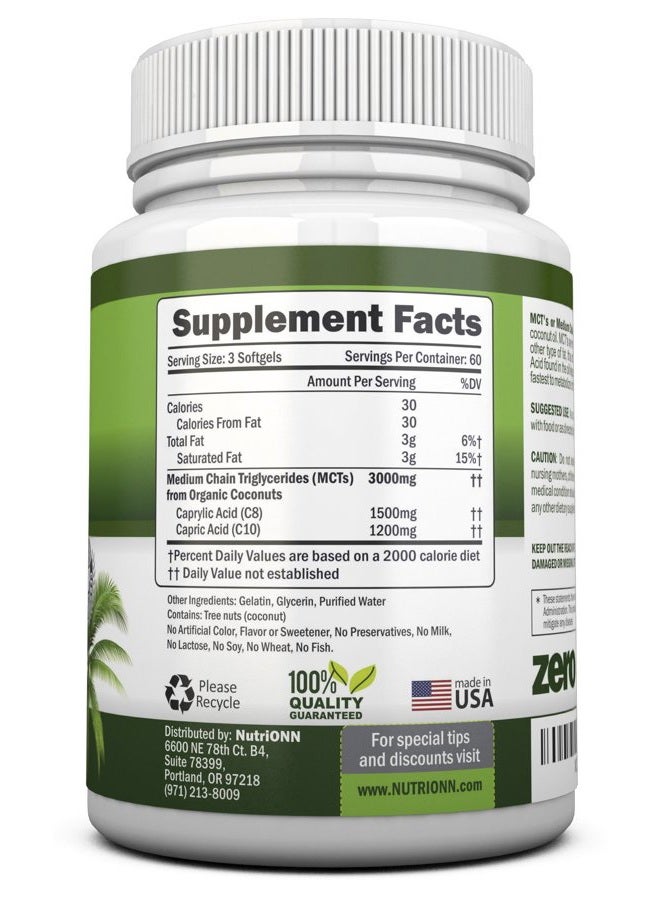NutriONN MCT Oil - 3000mg Per Serving - 180 Softgels - Made from 100% Organic Coconuts - Non GMO, Cold Pressed, Paleo Friendly Capsules - Great for Focus & Gut Health - Image 2