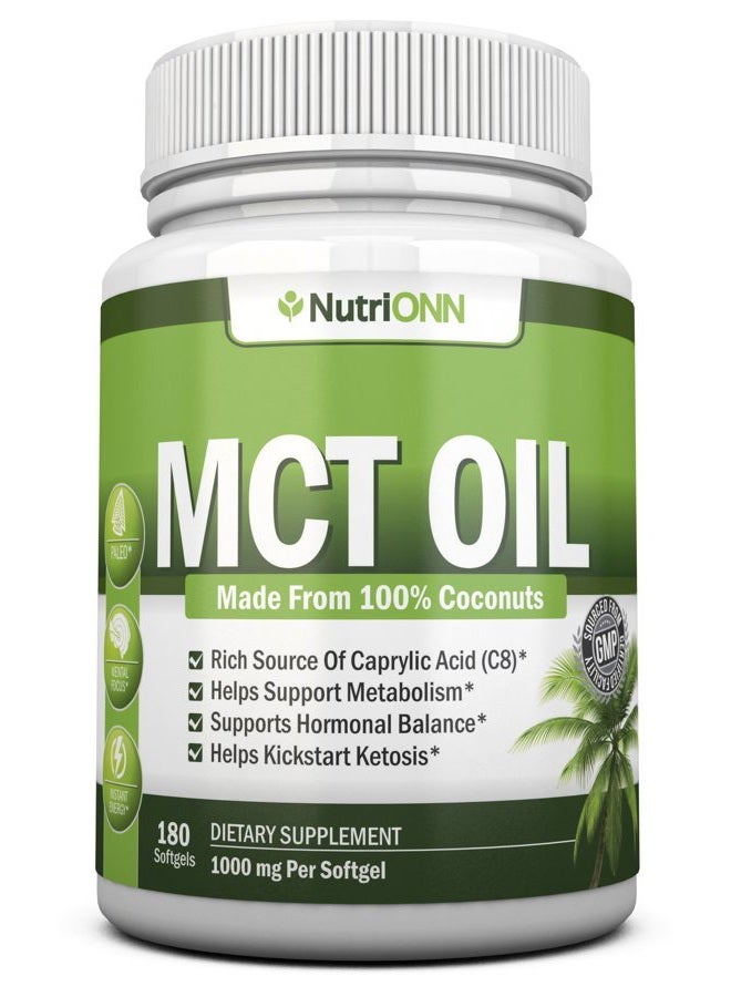 NutriONN MCT Oil - 3000mg Per Serving - 180 Softgels - Made from 100% Organic Coconuts - Non GMO, Cold Pressed, Paleo Friendly Capsules - Great for Focus & Gut Health - Image 1