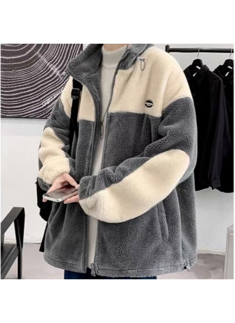 Lamb Wool Cotton Jacket Men 2024 Autumn Winter Thick Loose Warm Gray