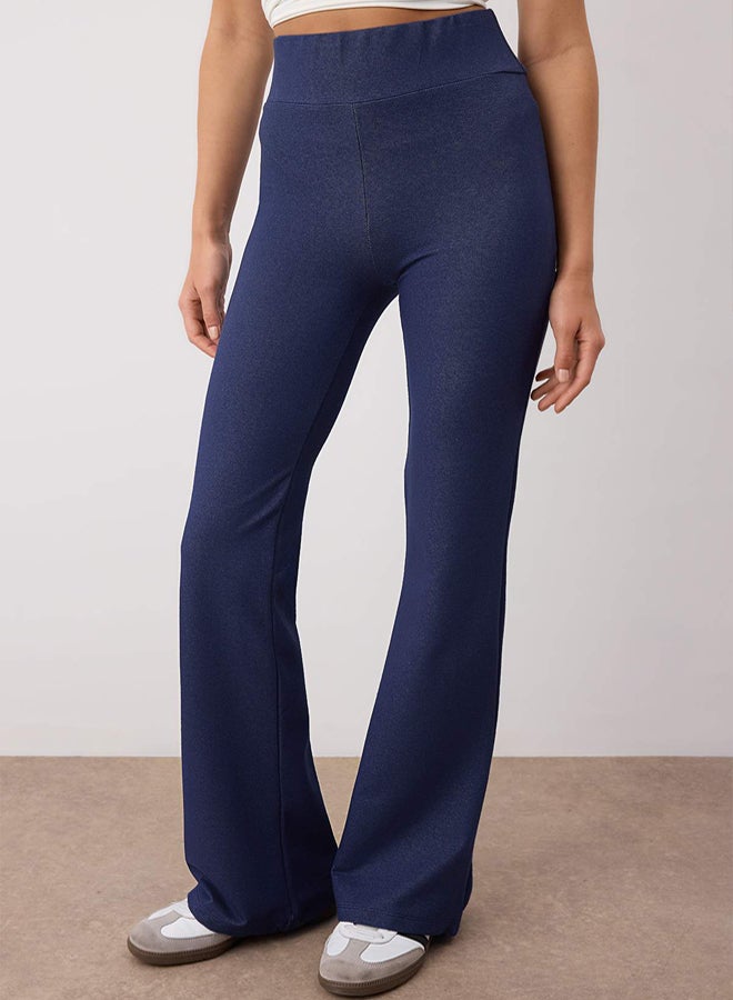 trendyol Navy Blue Denim Look Wideleg High Waist Stretchy Knitted Pants - Image 1