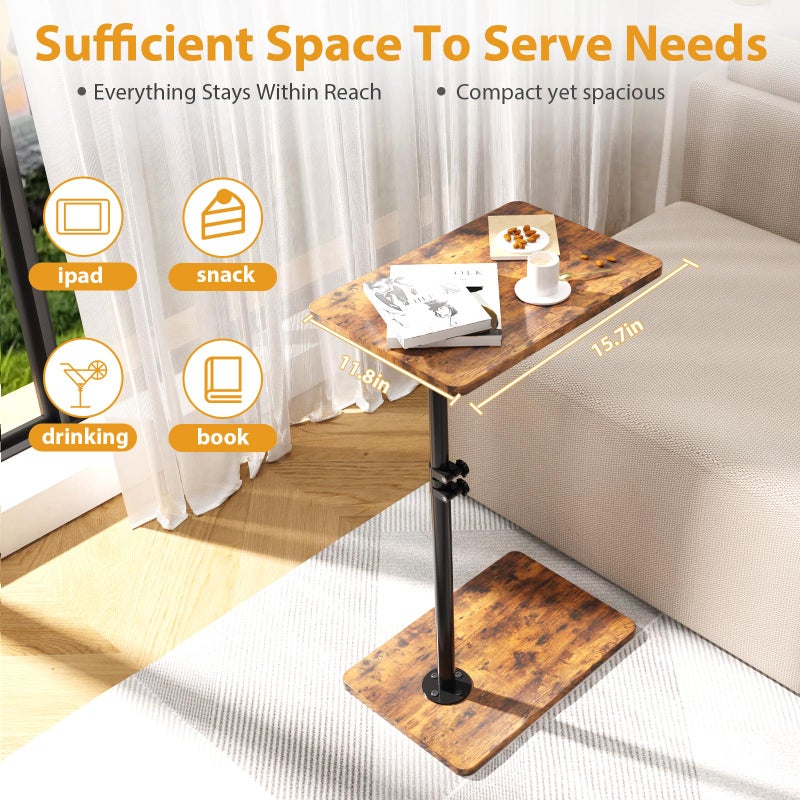 JCMCDO TV Tray Table, Adjustable C Shaped End Table for Couch, 360Â°Swivel Couch Side Table C Table That Slide Under Couch Desk for Small Space Sofa Bed Snack Living Room Bedroom(Rustic) - Image 4
