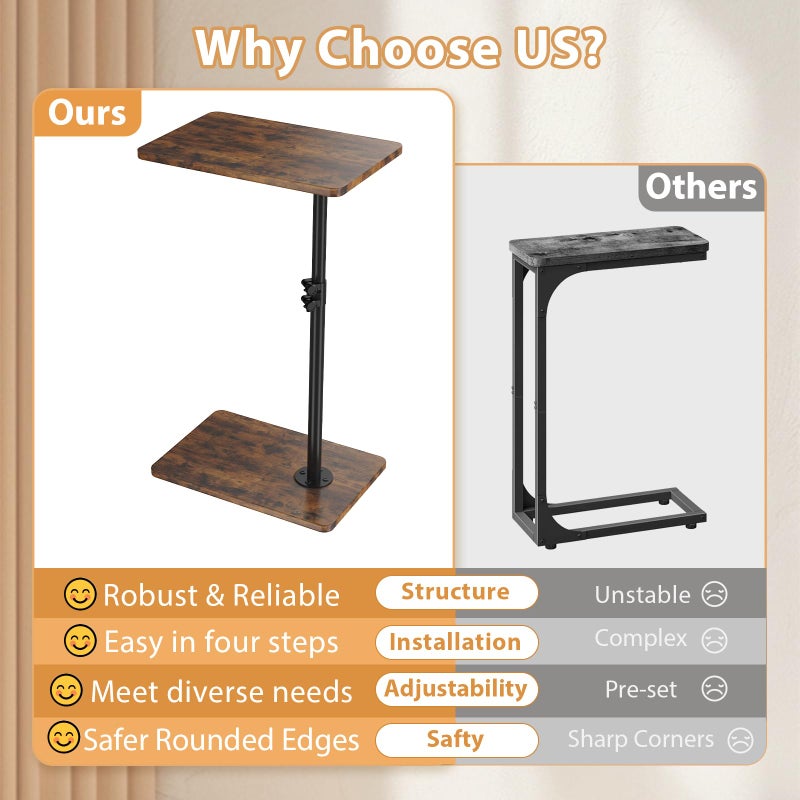 JCMCDO TV Tray Table, Adjustable C Shaped End Table for Couch, 360Â°Swivel Couch Side Table C Table That Slide Under Couch Desk for Small Space Sofa Bed Snack Living Room Bedroom(Rustic) - Image 2