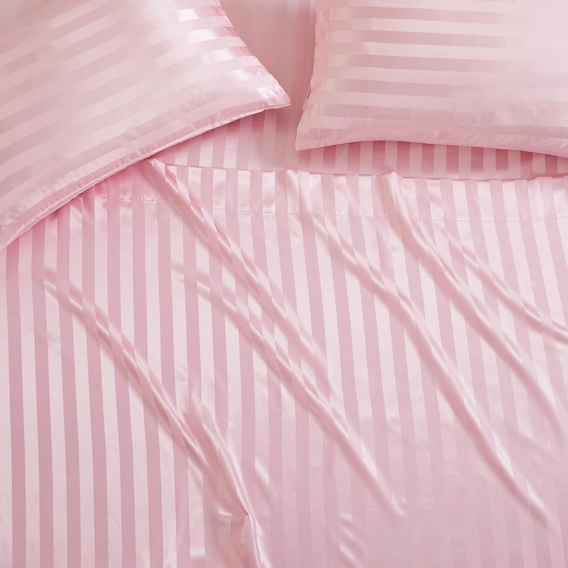 P Pothuiny 6 Pieces Satin Sheets Striped Printed, Blush Pink Satin Bed Sheets Luxury Silky Full Size Bedding Set, 1 Satin Fitted Sheet + 1 Flat Sheet + 4 Pillow Cases - Image 4