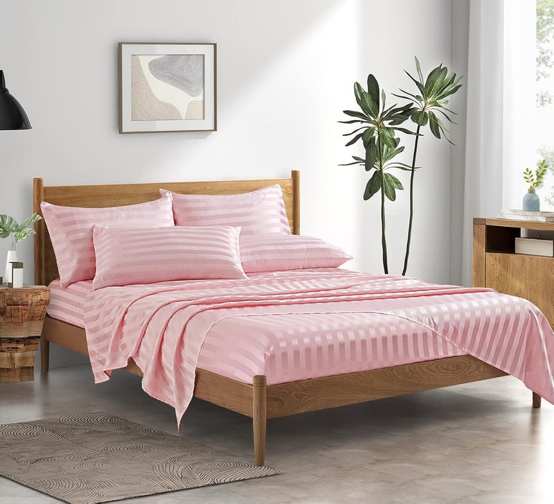 P Pothuiny 6 Pieces Satin Sheets Striped Printed, Blush Pink Satin Bed Sheets Luxury Silky Full Size Bedding Set, 1 Satin Fitted Sheet + 1 Flat Sheet + 4 Pillow Cases - Image 2