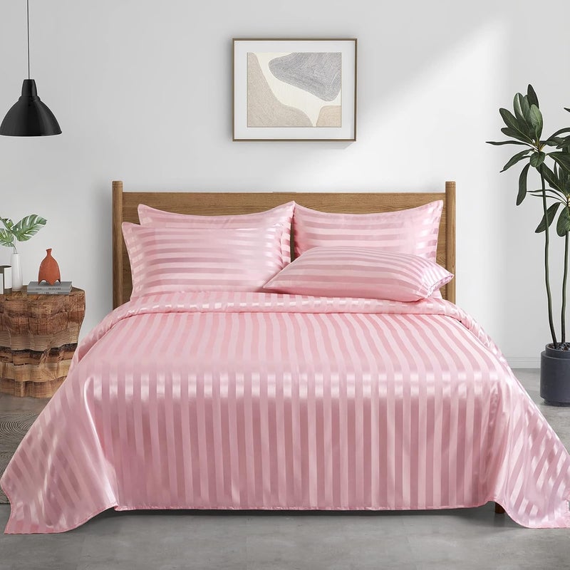 P Pothuiny 6 Pieces Satin Sheets Striped Printed, Blush Pink Satin Bed Sheets Luxury Silky Full Size Bedding Set, 1 Satin Fitted Sheet + 1 Flat Sheet + 4 Pillow Cases - Image 1