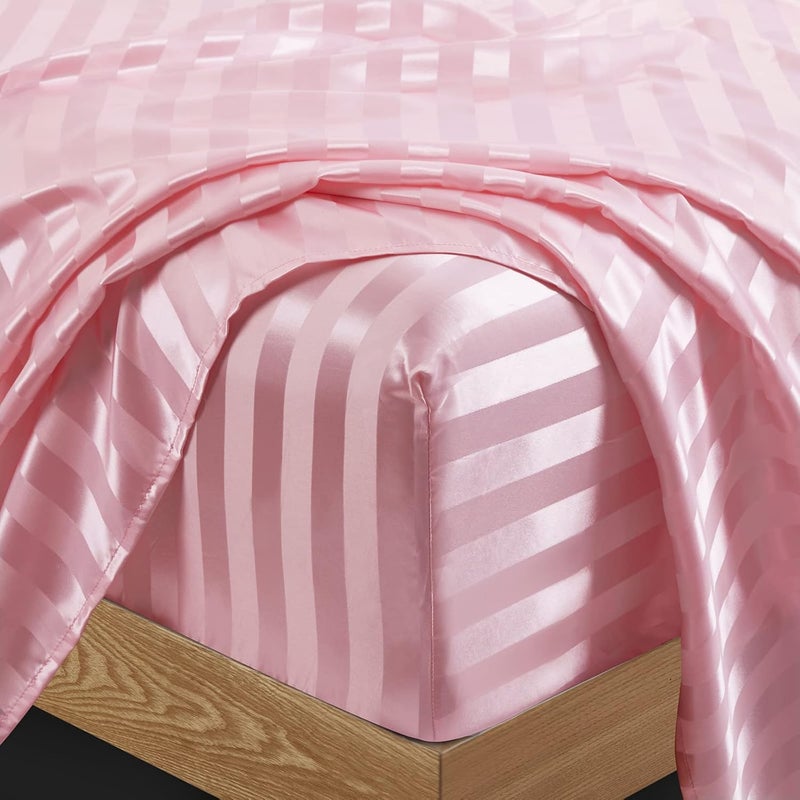 P Pothuiny 6 Pieces Satin Sheets Striped Printed, Blush Pink Satin Bed Sheets Luxury Silky Full Size Bedding Set, 1 Satin Fitted Sheet + 1 Flat Sheet + 4 Pillow Cases - Image 5