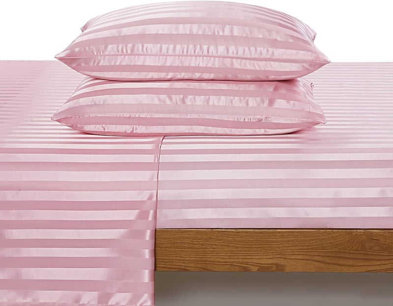 P Pothuiny 6 Pieces Satin Sheets Striped Printed, Blush Pink Satin Bed Sheets Luxury Silky Full Size Bedding Set, 1 Satin Fitted Sheet + 1 Flat Sheet + 4 Pillow Cases - Image 3