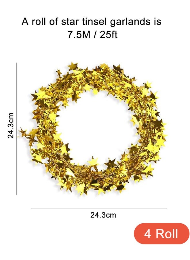 وهاواي 4 Rolls 25 Ft Star Tinsel Garlands with Wire, Christmas Star Wire Garland Decorations for Xmas Tree Home Wedding Birthday Party Festive Ornament(Gold, Silver) - Image 2