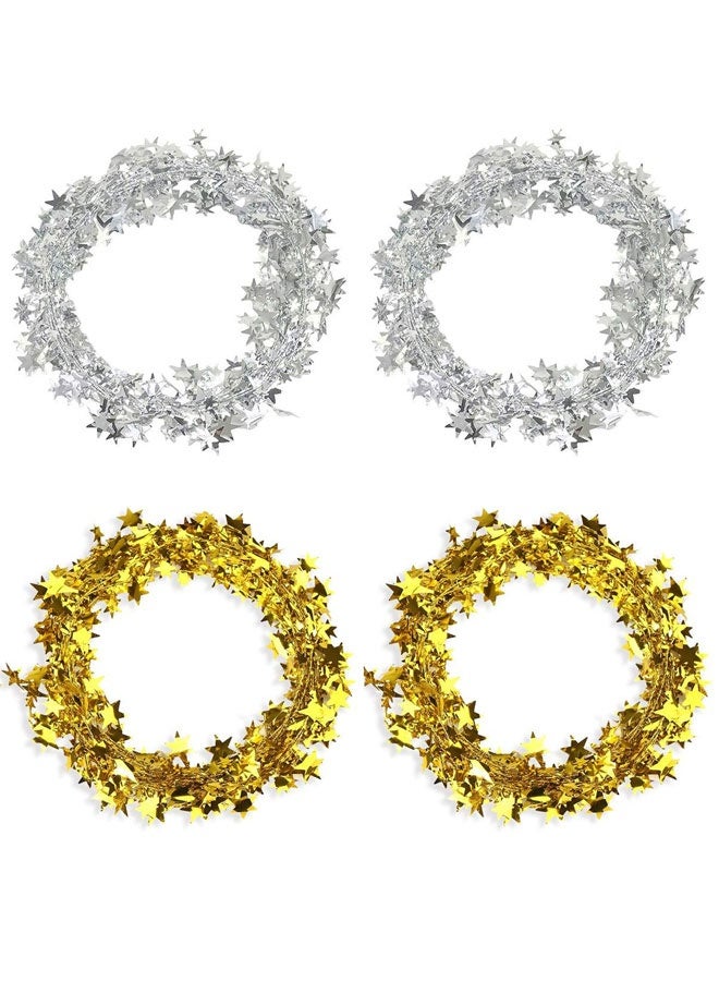 وهاواي 4 Rolls 25 Ft Star Tinsel Garlands with Wire, Christmas Star Wire Garland Decorations for Xmas Tree Home Wedding Birthday Party Festive Ornament(Gold, Silver) - Image 1
