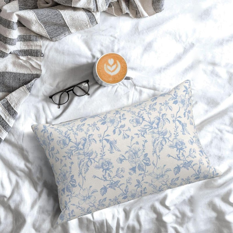 JEFERSO Baby Blue Floral Pillow Covers 12x20 Set of 2 Vintage Rustic Toile Chinoiserie Floral Throw Pillows Blue and Cream Flower Decorative Pillowcase Outdoor Decor Linen Cushion Case for Couch Sofa - Image 3