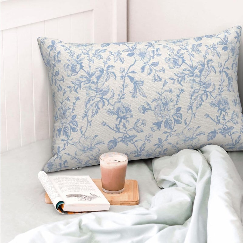 JEFERSO Baby Blue Floral Pillow Covers 12x20 Set of 2 Vintage Rustic Toile Chinoiserie Floral Throw Pillows Blue and Cream Flower Decorative Pillowcase Outdoor Decor Linen Cushion Case for Couch Sofa - Image 2