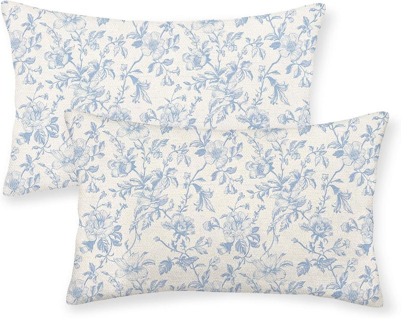 JEFERSO Baby Blue Floral Pillow Covers 12x20 Set of 2 Vintage Rustic Toile Chinoiserie Floral Throw Pillows Blue and Cream Flower Decorative Pillowcase Outdoor Decor Linen Cushion Case for Couch Sofa - Image 1
