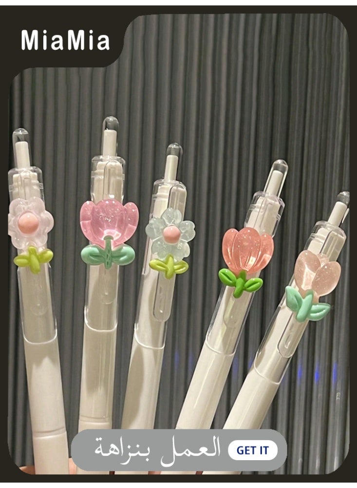 Miamia 5 Pcs Random Beautiful Floral Neutral Pens Quick Drying Gel Pens Water Based Ink Pens Push Retractable Pens with Lovely Flowers Ideal for Students and Girls Perfect as Back to School Gifts for Children Friends and Close Companions Available in White Color - Image 1