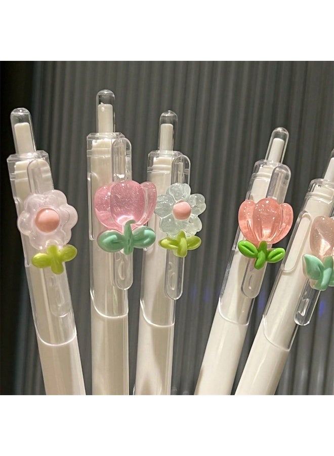 Miamia 5 Pcs Random Beautiful Floral Neutral Pens Quick Drying Gel Pens Water Based Ink Pens Push Retractable Pens with Lovely Flowers Ideal for Students and Girls Perfect as Back to School Gifts for Children Friends and Close Companions Available in White Color - Image 2
