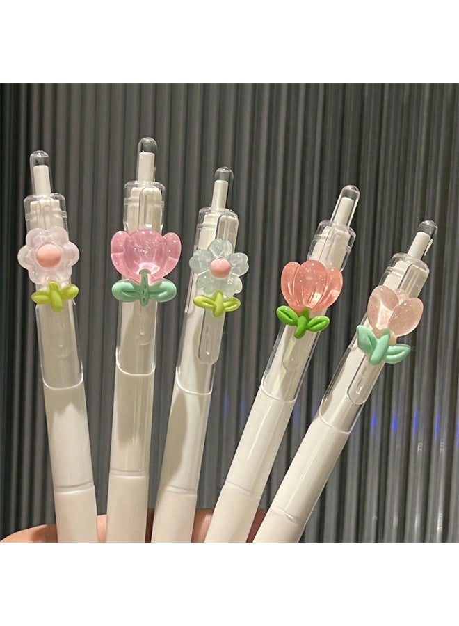 Miamia 5 Pcs Random Beautiful Floral Neutral Pens Quick Drying Gel Pens Water Based Ink Pens Push Retractable Pens with Lovely Flowers Ideal for Students and Girls Perfect as Back to School Gifts for Children Friends and Close Companions Available in White Color - Image 3
