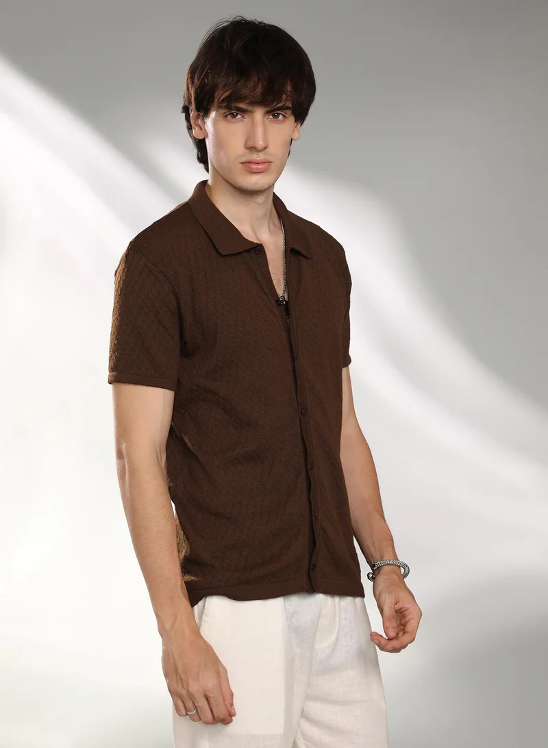Campus Sutra Men's Taupe Brown Rhombus-Textured Knit Shirt