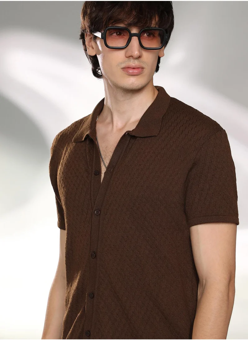 Campus Sutra Men's Taupe Brown Rhombus-Textured Knit Shirt