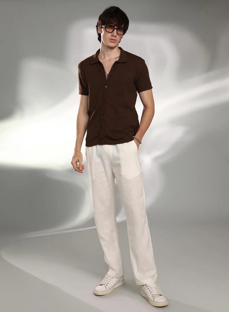 Campus Sutra Men's Taupe Brown Rhombus-Textured Knit Shirt