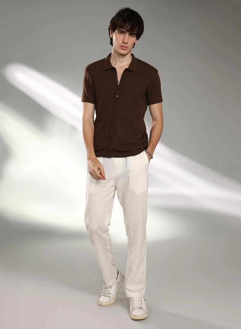 Campus Sutra Men's Taupe Brown Rhombus-Textured Knit Shirt