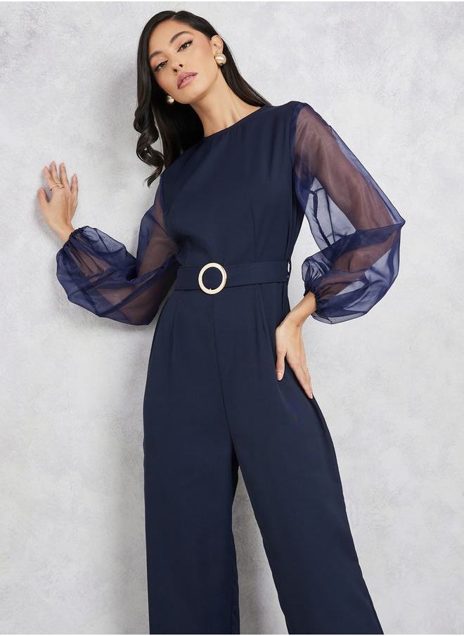 Styli Organza Sleeves Belted Wide Leg Jumpsuit  - Image 2
