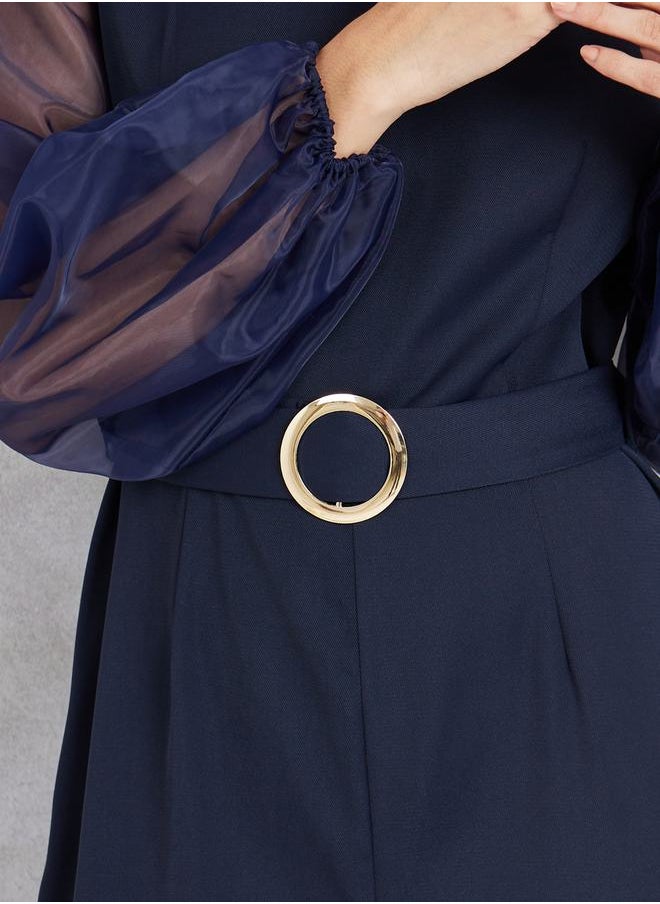 Styli Organza Sleeves Belted Wide Leg Jumpsuit  - Image 3