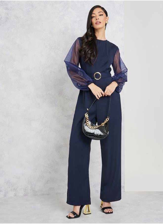 Styli Organza Sleeves Belted Wide Leg Jumpsuit  - Image 1