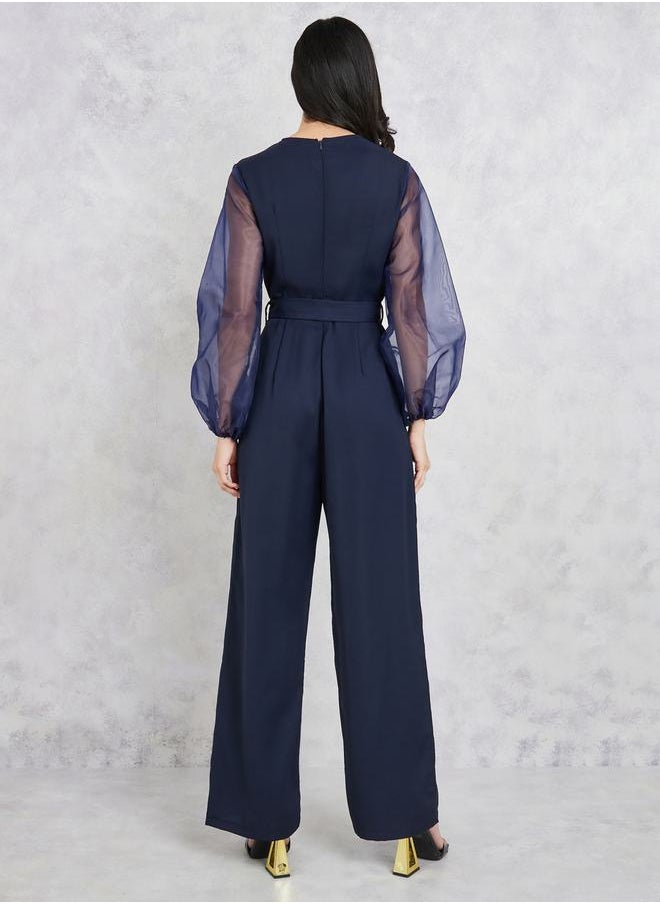 Styli Organza Sleeves Belted Wide Leg Jumpsuit  - Image 4