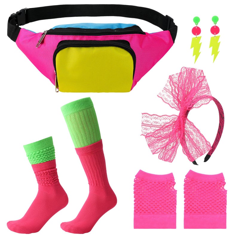 ZhouBoat 80s Accessories for Women, Neon Accessories with 80s Fanny Pack Hairband Fishnet Gloves Earrings Socks for Halloween Themed Party Music Festivals - Image 1