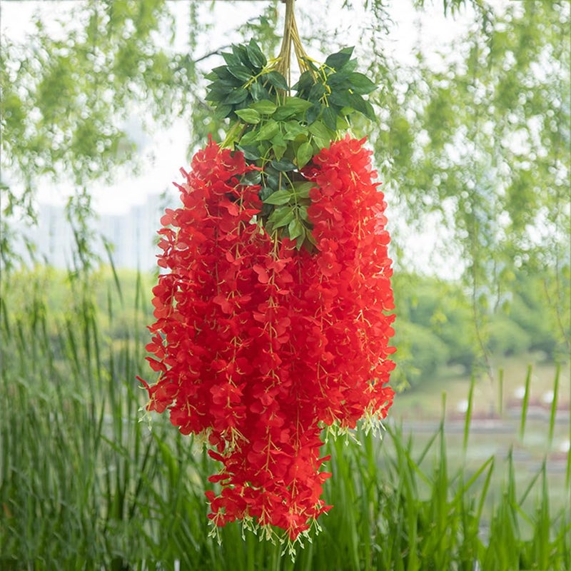 WEISPARK Fake Hanging Flowers - 12 Pieces 3.75 Feet/Piece Artificial Wisteria Vine Ratta Hanging Garland Silk Flowers for Home Party Wedding Decor (Red) - Image 1