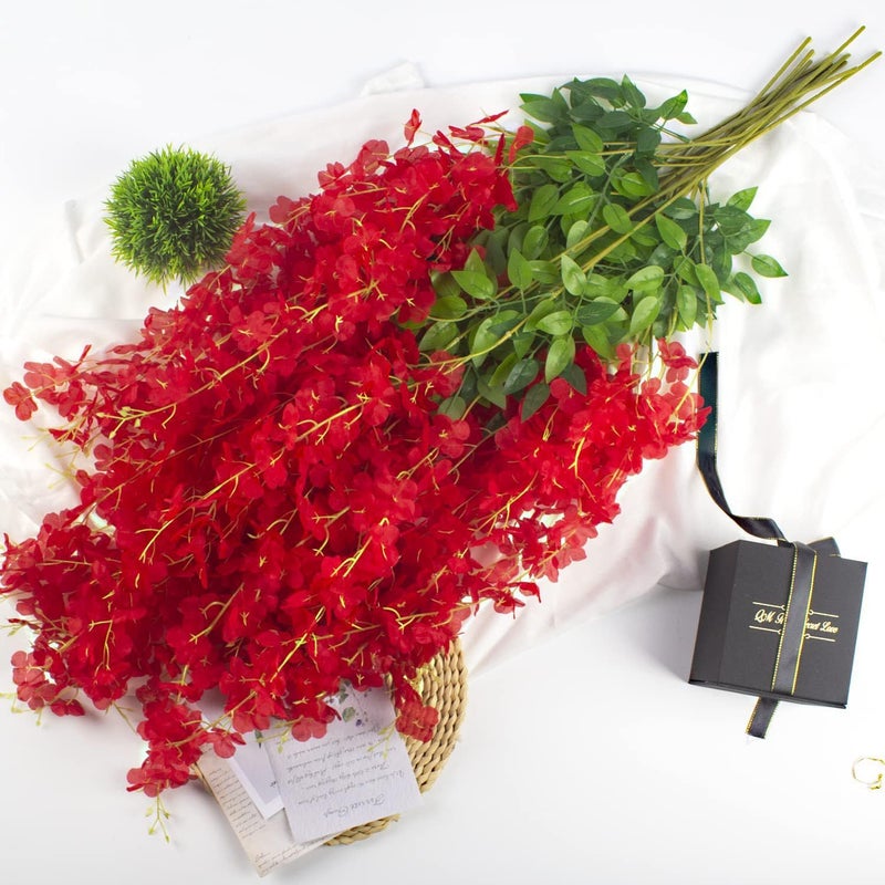 WEISPARK Fake Hanging Flowers - 12 Pieces 3.75 Feet/Piece Artificial Wisteria Vine Ratta Hanging Garland Silk Flowers for Home Party Wedding Decor (Red) - Image 5