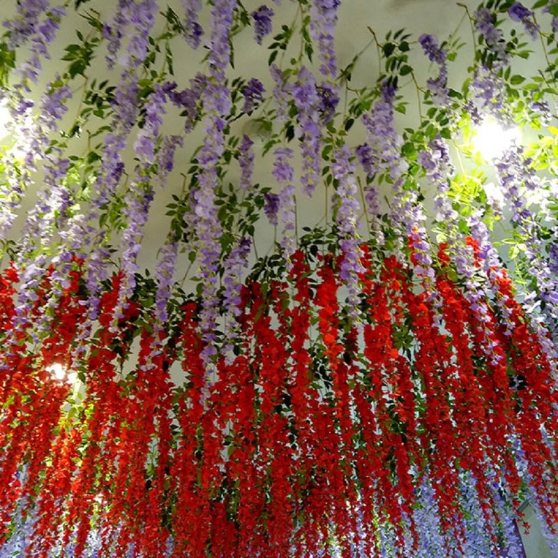 WEISPARK Fake Hanging Flowers - 12 Pieces 3.75 Feet/Piece Artificial Wisteria Vine Ratta Hanging Garland Silk Flowers for Home Party Wedding Decor (Red) - Image 3