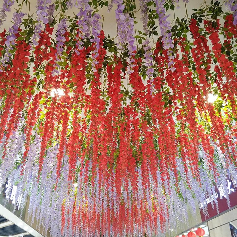 WEISPARK Fake Hanging Flowers - 12 Pieces 3.75 Feet/Piece Artificial Wisteria Vine Ratta Hanging Garland Silk Flowers for Home Party Wedding Decor (Red) - Image 2