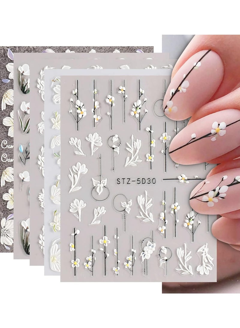 HW 5D Embossed Flowers Nail Stickers, 5 Sheets Self-Adhesive Engraved Flower Nail Decals Nail Art Supplies, Exquisite Pattern DIY Nail Art Accessories Nail Stickers for Women Girls - Image 1