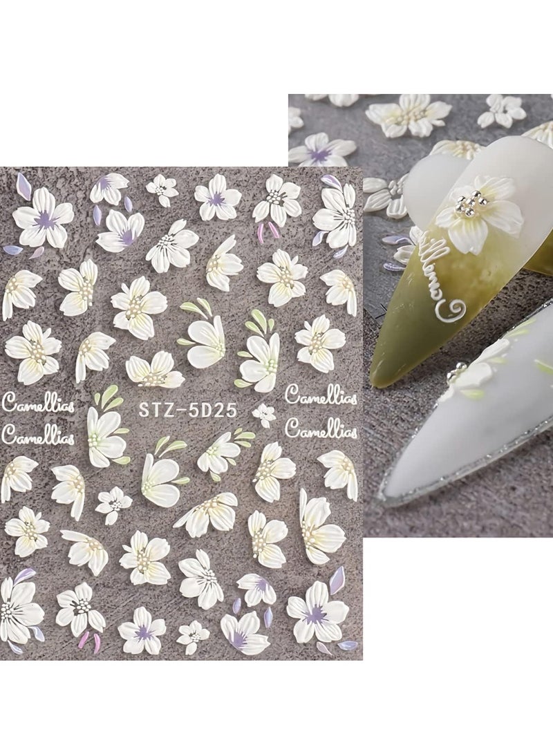 HW 5D Embossed Flowers Nail Stickers, 5 Sheets Self-Adhesive Engraved Flower Nail Decals Nail Art Supplies, Exquisite Pattern DIY Nail Art Accessories Nail Stickers for Women Girls - Image 2
