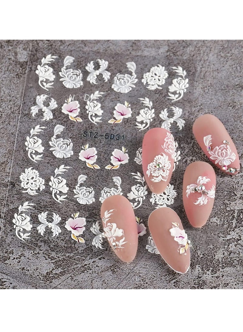 HW 5D Embossed Flowers Nail Stickers, 5 Sheets Self-Adhesive Engraved Flower Nail Decals Nail Art Supplies, Exquisite Pattern DIY Nail Art Accessories Nail Stickers for Women Girls - Image 4